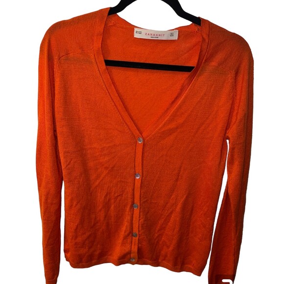 Zara Knit Cardigan Womens Sz M Button Down Coral Orange V Neck Career Swifty - Picture 1 of 7